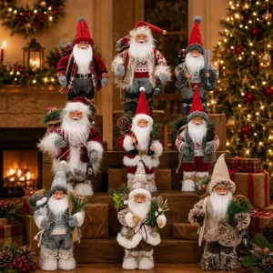 Detailed view of plush standing Santa Claus figurines, perfect for festive holiday decor.