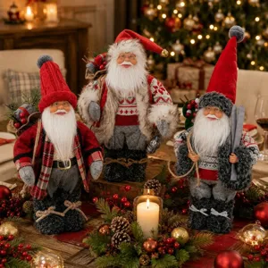 Charming 12-inch standing plush Santa Claus figurine detail for festive desktop holiday decor.