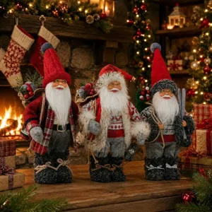 Christmas standing Santa plush doll detail view, festive desktop decoration figurine.