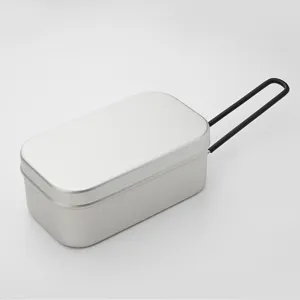 Portable aluminum camping mess tin with folding handle for outdoor hiking and picnic cooking.