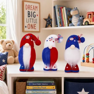 Fourth of July gnome plush decorations set, patriotic red white blue tiered tray decor.