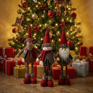 Detailed close-up view of cute Christmas telescopic dolls featuring reindeer, snowman and santa.