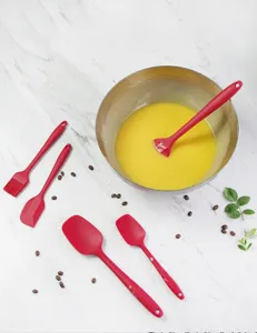 6-piece red silicone spatula set for baking, cake decorating, and kitchen food preparation.