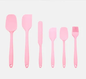 6-piece pink silicone spatula set for baking, cake decorating, and kitchen cooking tasks.