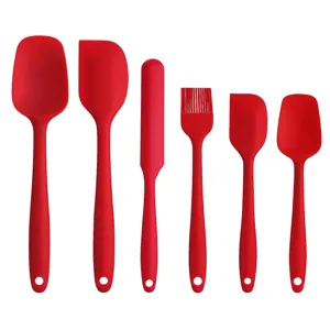 6-piece silicone cream spatula set, red kitchen baking tools for cake and dessert making.