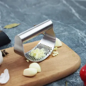 Stainless steel garlic press, mini manual ginger mincer, ergonomic handheld kitchen tool.