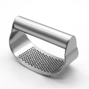 Stainless steel garlic press, ergonomic arc handle kitchen tool for ginger and garlic.