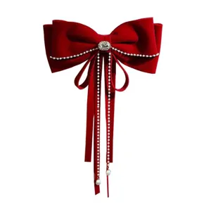 Rode fluwelen strik haarspeld met parel kwastjes elegante vrouwen bruiloft feest accessoires