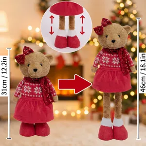 Christmas telescopic teddy bear plush doll with red sequin sweater and adjustable height legs.