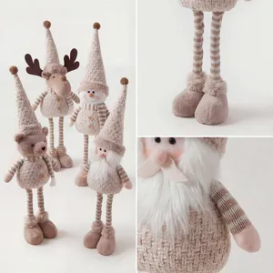 Close-up details of Christmas telescopic leg plush dolls, knit hat snowman bear reindeer decor