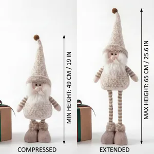 Khaki Christmas Gnome doll with retractable legs and knit hat, cute holiday floor decoration.
