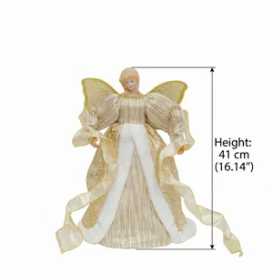 Christmas tree topper angel doll with gold dress and plush trim, festive holiday decor.