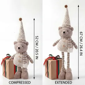 Christmas khaki plush bear doll with retractable legs and knitted hat detail view