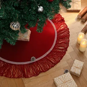 Jupe de sapin de Noël tricotée rouge avec franges et bordure blanche déco 1pc