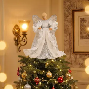 Christmas Tree Topper Angel Figurine Holiday Party Decoration with Silver Sequined Dress
