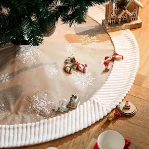 Linen Christmas tree skirt with plush white border and white snowflake print for holiday decor