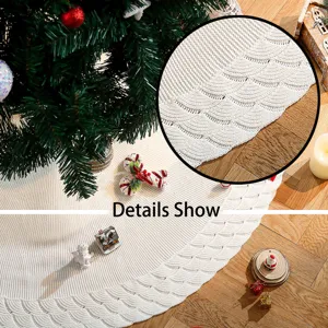 White knitted Christmas tree skirt with scallop texture, festive holiday home decor base mat.