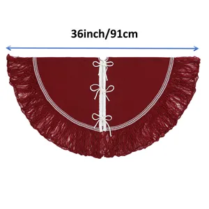 Jupe de sapin de Noël en tricot rouge 36 pouces avec franges blanches et nœuds pour fêtes.