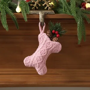 Pink knit dog bone Christmas stocking holiday tree hanging decoration fireplace mantel decor