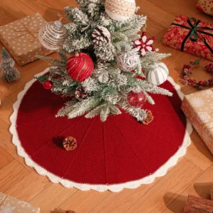 Festive Acrylic Knitted Christmas Tree Skirt Creative Red Heart Petal Pattern Holiday Floor Decor Base Cover Wrap Mat Ornament