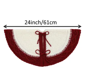 Red and white knitted Christmas tree skirt 24 inch holiday decorative mat with bows