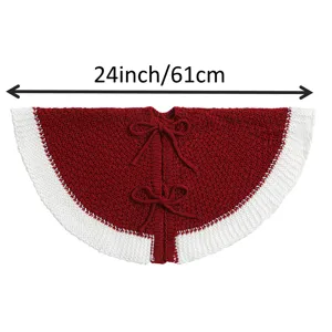 Red and white knitted Christmas tree skirt with cute bows, 24 inch holiday tree decoration mat.