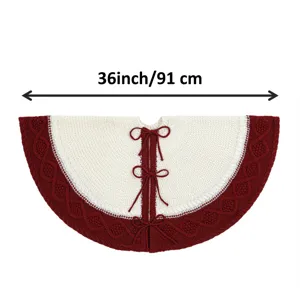 Knitted Christmas tree skirt with red border, 36 inch festive holiday home decor item