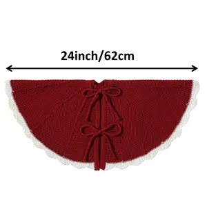 Red knitted Christmas tree skirt 24 inch holiday decorative mat with white scalloped lace.