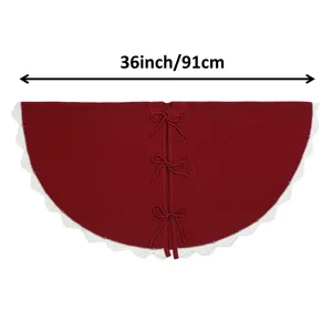 Red knitted Christmas tree skirt with white scalloped edge and bows 36inch holiday decor