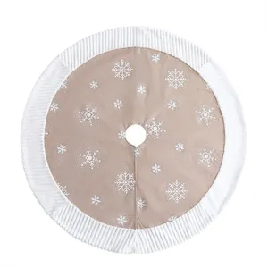Christmas tree skirt linen white edge snowflake pattern holiday party home decor round mat