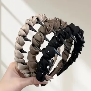 Damen High Crown Plissierter Stoff Haarreif Antirutsch Tägliche Haarring Elegante Perle Niete Haarschmuck Kopfbedeckung