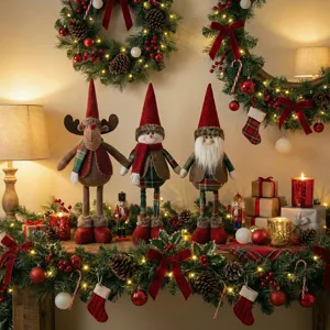 Christmas telescopic doll detail showing reindeer snowman and santa figures on festive table.