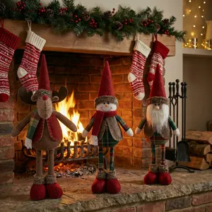 Christmas Retractable Doll Standing Santa Claus Snowman Reindeer Plush Toy Plaid Knitted Household Desktop Decorative Figurine Holiday Ornament