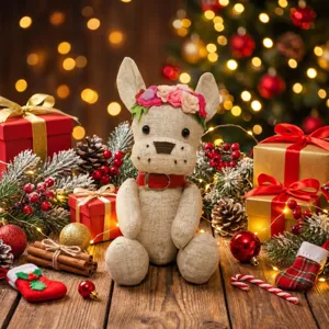 Détail de peluche bouledogue français en lin de Noël, chiot rembourré doux avec couronne, déco.