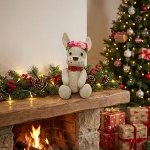 Poupée bouledogue français en lin de Noël, jouet chiot en peluche douce couronne de fleurs.