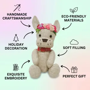 Jouet en peluche bouledogue français en lin fait main avec couronne de fleurs et douce.