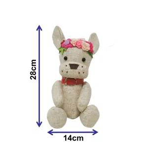 Poupée en peluche bouledogue français en lin avec couronne de fleurs, chiot doux.