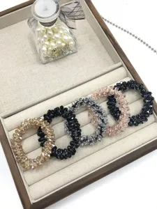 Sparkling crystal hair ties set, elegant beaded scrunchies for women and girls daily styling.