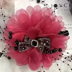 Large pink chiffon peony hair clip with rhinestone bow and black beads fashion accessory