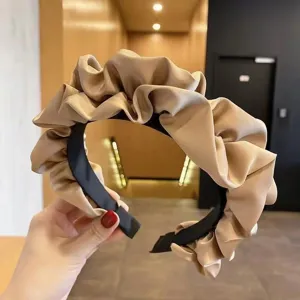 Khaki satin pleated wide headband, high crown design, elegant hair accessory for women.