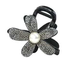Exquisite pearl rhinestone flower hair claw clip, elegant black claw for half updo hairstyles.