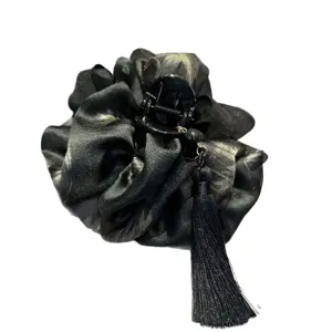 Chinese style black fabric hair claw clip with elegant tassel, perfect for Hanfu styling.