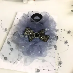 Large organza flower hair claw clip with crystal bow and pearl fringe for women's elegant styling