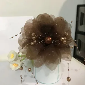 Brown mesh peony flower hair claw clip with pearl beaded tassels, elegant hair accessory for women.