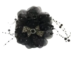 Black mesh flower hair claw clip with crystal bow and beaded fringe for women style.