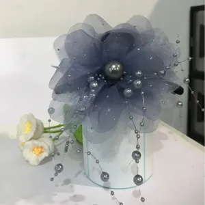 Grey mesh peony flower hair claw clip with elegant pearl beaded tassels for daily styling.