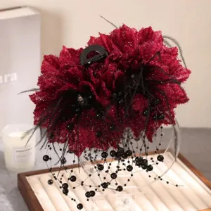 Red glitter flower hair claw clip with black feather pearl tassel elegant accessory