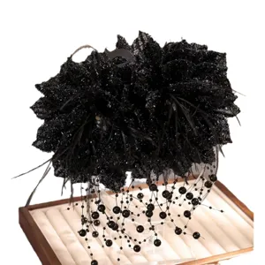 Black glitter flower hair claw clip with feathers and pearl tassel drapes. Elegant women hair accessory.