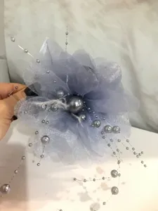 Grey mesh pearl flower hair claw clip, elegant fluffy floral hair accessory for women styling.
