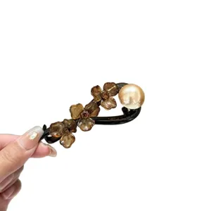 Retro acetate flower hair clip with pearl and rhinestones elegant hair styling claw accessory